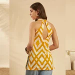 Women Yellow White Geometric Print Kurti Slim Fit Cotton Top - Image 7