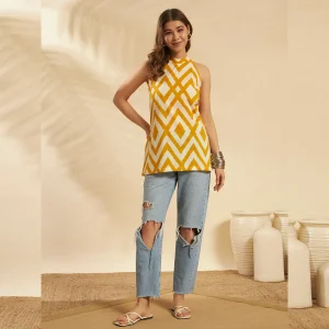 Women Yellow White Geometric Print Kurti Slim Fit Cotton Top - Image 8
