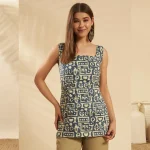 Women’s Ethnic Block Print Sleeveless Cotton Top Blue Kurti - Image 2