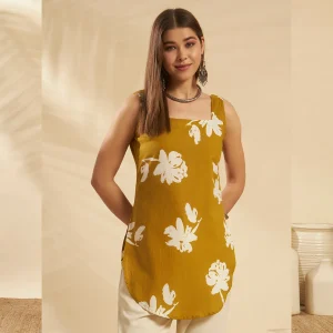 Women's Floral Cotton Top Olive Green Sleeveless Short Kurti - Image 3