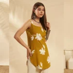 Women's Floral Cotton Top Olive Green Sleeveless Short Kurti - Image 4