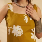 Women's Floral Cotton Top Olive Green Sleeveless Short Kurti - Image 5