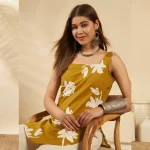 Women's Floral Cotton Top Olive Green Sleeveless Short Kurti