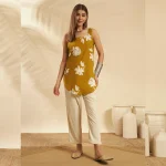 Women's Floral Cotton Top Olive Green Sleeveless Short Kurti - Image 8