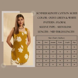Women's Floral Cotton Top Olive Green Sleeveless Short Kurti - Image 9