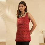 Women's Orange Floral Print Cotton Sleeveless Kurti - Image 2