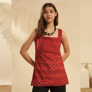 Women's Orange Floral Print Cotton Sleeveless Kurti - Image 3