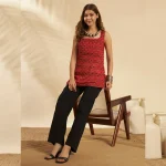 Women's Orange Floral Print Cotton Sleeveless Kurti - Image 5