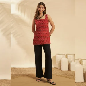 Women's Orange Floral Print Cotton Sleeveless Kurti - Image 7