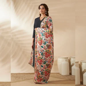 Elegant Beige Silk Dupatta with Floral Embroidery Party Wear Scarf for Women - Image 3
