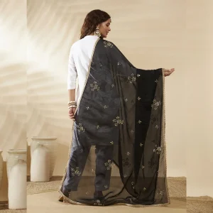 Elegant Black Chiffon Dupatta with Golden Embellishments Sheer Ethnic Stole - Image 5