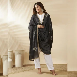 Elegant Black Chiffon Dupatta with Golden Embellishments Sheer Ethnic Stole - Image 4