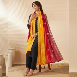 Elegant Chinnon Dupatta Yellow & Maroon Embroidered Sequin Stole Scarf - Image 3