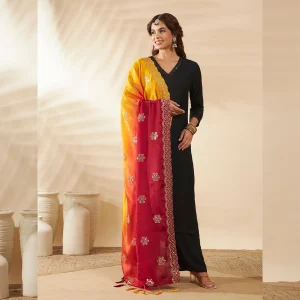 Elegant Chinnon Dupatta Yellow & Maroon Embroidered Sequin Stole Scarf - Image 5