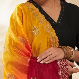 Elegant Chinnon Dupatta Yellow & Maroon Embroidered Sequin Stole Scarf - Image 6