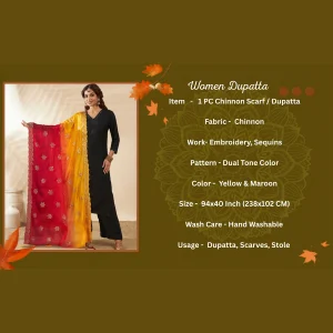 Elegant Chinnon Dupatta Yellow & Maroon Embroidered Sequin Stole Scarf - Image 9