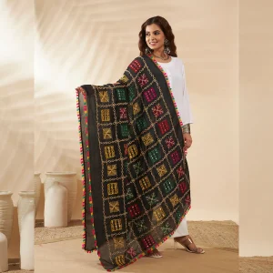 Ethnic Cotton Black Dupatta Phulkari Embroidery Mirror Work for Women Scarf - Image 3