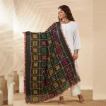 Ethnic Cotton Black Dupatta Phulkari Embroidery Mirror Work for Women Scarf
