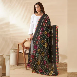 Ethnic Cotton Black Dupatta Phulkari Embroidery Mirror Work for Women Scarf - Image 4