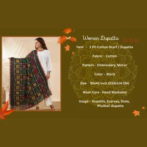 Ethnic Cotton Black Dupatta Phulkari Embroidery Mirror Work for Women Scarf - Image 8