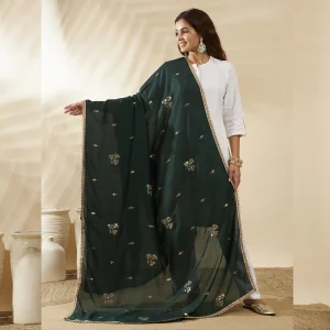 Ethnic Green Georgette Dupatta Sequin Traditional Designer Scarf for Women - Image 5