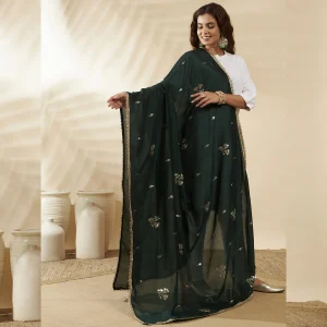 Ethnic Green Georgette Dupatta Sequin Traditional Designer Scarf for Women - Image 4
