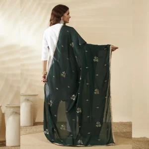 Ethnic Green Georgette Dupatta Sequin Traditional Designer Scarf for Women - Image 6