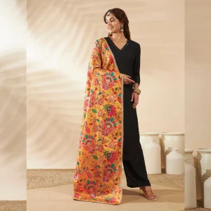 Ethnic Women’s Yellow Silk Dupatta Floral Aari Embroidery Sequence Work Stole - Image 4