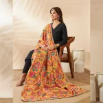 Ethnic Women’s Yellow Silk Dupatta Floral Aari Embroidery Sequence Work Stole