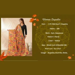 Ethnic Women’s Yellow Silk Dupatta Floral Aari Embroidery Sequence Work Stole - Image 9