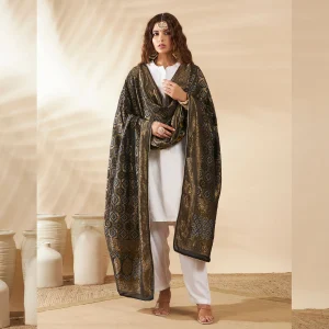 Luxury Banarasi Dupatta Black Bandhani Cotton with Designer Zari Work Stole - Image 3