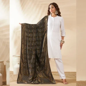 Luxury Banarasi Dupatta Black Bandhani Cotton with Designer Zari Work Stole - Image 7