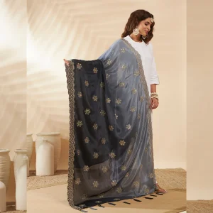 Luxury Ethnic Dupatta Black Gray Dual Tone Chinnon with Sequin Work Stole - Image 4