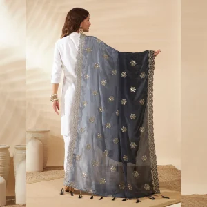 Luxury Ethnic Dupatta Black Gray Dual Tone Chinnon with Sequin Work Stole - Image 7
