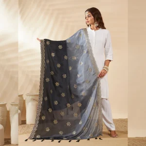 Luxury Ethnic Dupatta Black Gray Dual Tone Chinnon with Sequin Work Stole - Image 5