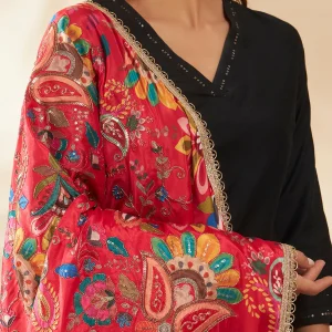 Luxury Red Silk Dupatta with Floral Embroidery Ethnic Wear Scarf for Women - Image 6