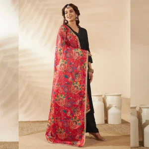 Luxury Red Silk Dupatta with Floral Embroidery Ethnic Wear Scarf for Women - Image 4