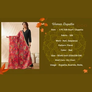 Luxury Red Silk Dupatta with Floral Embroidery Ethnic Wear Scarf for Women - Image 9