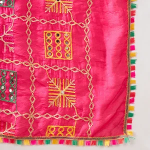 Luxury Women Pink Cotton Phulkari Mirror Embroidery Party Wear Stole Scarf - Image 7