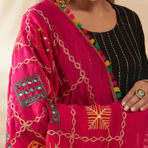 Luxury Women Pink Cotton Phulkari Mirror Embroidery Party Wear Stole Scarf - Image 6