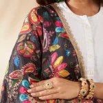 Premium Black Silk Dupatta Colorful Floral Aari Embroidery Scarf for Women - Image 6
