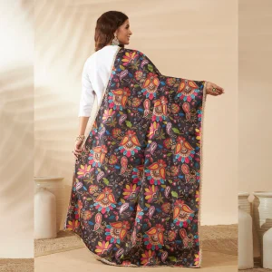 Premium Black Silk Dupatta Colorful Floral Aari Embroidery Scarf for Women - Image 7