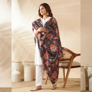 Premium Black Silk Dupatta Colorful Floral Aari Embroidery Scarf for Women - Image 5