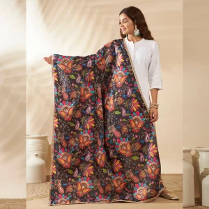 Premium Black Silk Dupatta Colorful Floral Aari Embroidery Scarf for Women - Image 3
