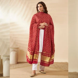 Premium Cotton Ajrakh Dupatta for Women Red Printed Scarf with Border - Image 3