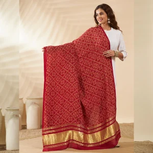Premium Cotton Ajrakh Dupatta for Women Red Printed Scarf with Border - Image 5