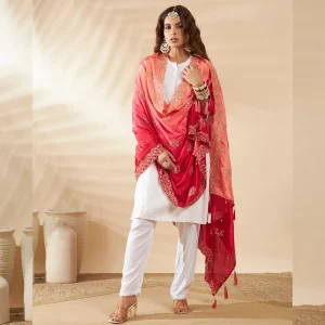 Premium Dual Tone Dupatta for Women Pink Peach Chinnon Embroidered Stole - Image 3