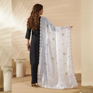 Premium White Georgette Women Dupatta Arka Work Sequin Ethnic Scarf - Image 4
