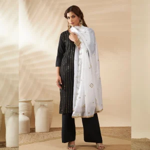 Premium White Georgette Women Dupatta Arka Work Sequin Ethnic Scarf - Image 6