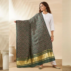 Premium Women Cotton Ajrakh Dupatta Green Printed Ethnic Scarf with Border - Image 4